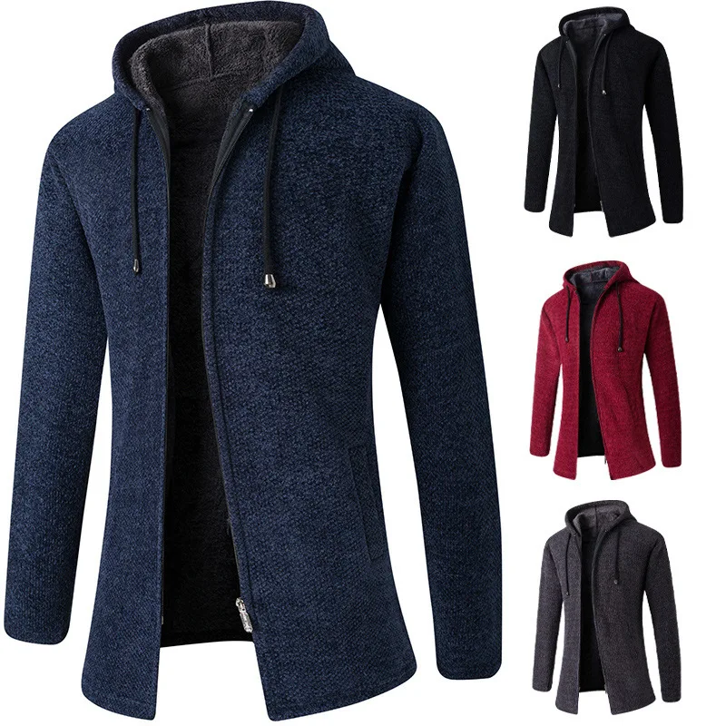 

Autumn and winter popular cardigan sweater jacket men's fleece thickened casual knitted sweater zipper hooded jacket