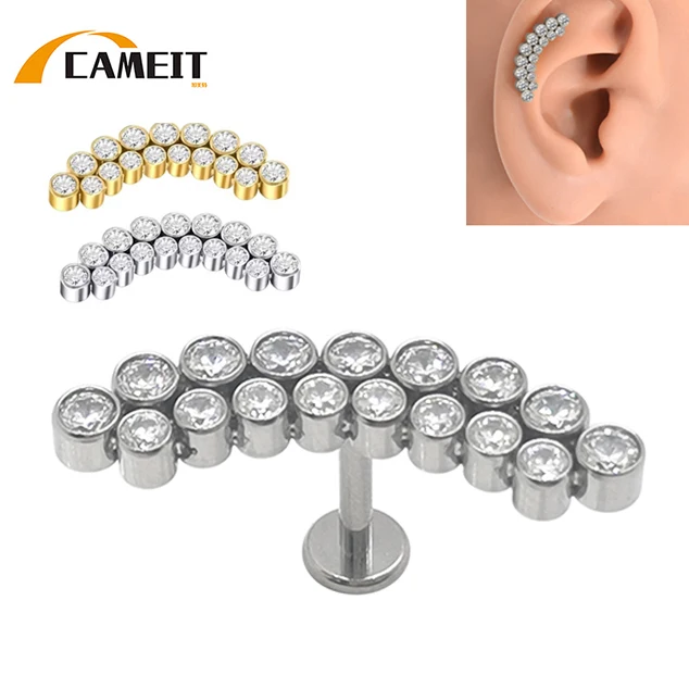 F136 Titanium CZ Cluster Labret Stud for Helix Tragus Lip Piercing, Internally Threaded Flat Back, Hypoallergenic Body Jewelry