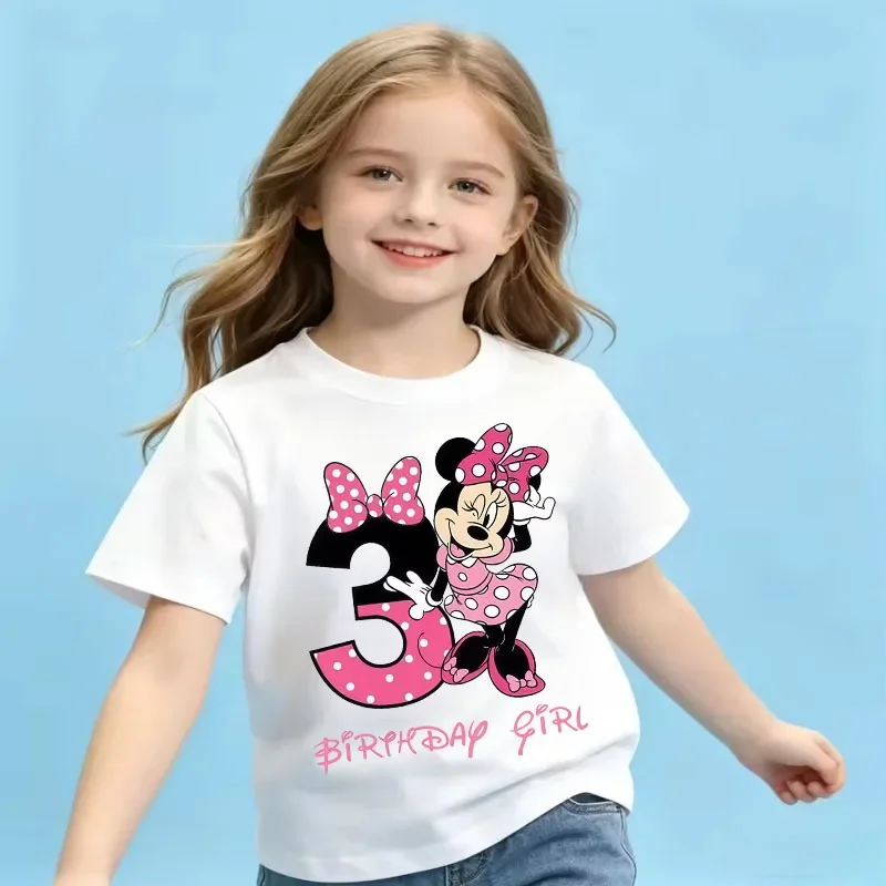 Base Tee White Pink Summer Soft Short-Sleeve Clothes Birthday Gift Minnie Mouse Disney T-shirt Kids Number T-shirts Cute Cartoon