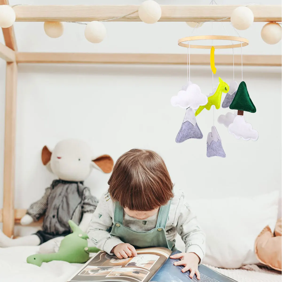 Colorful Wooden Baby Bedside Ring Bell Hanging Premium Timber Felt Cloth Adorable Cartoon Design Educational