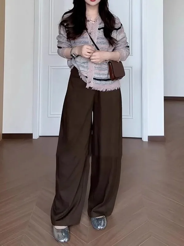 

Женские повседневные брюки больших размеров с широкими штанинами, прямые брюки с высокой талией, весенние модные стройнящие драпированные брюки-кимоно