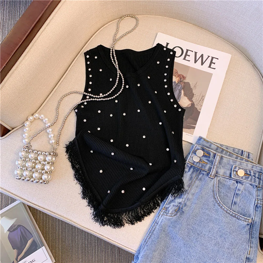 Fashion Sleeveless T Shirt Round Neck Rhienstone Diamonds Tassel Slim Knitted Tank Tops Women Vest 2023 Summer New Tee Knit Wear