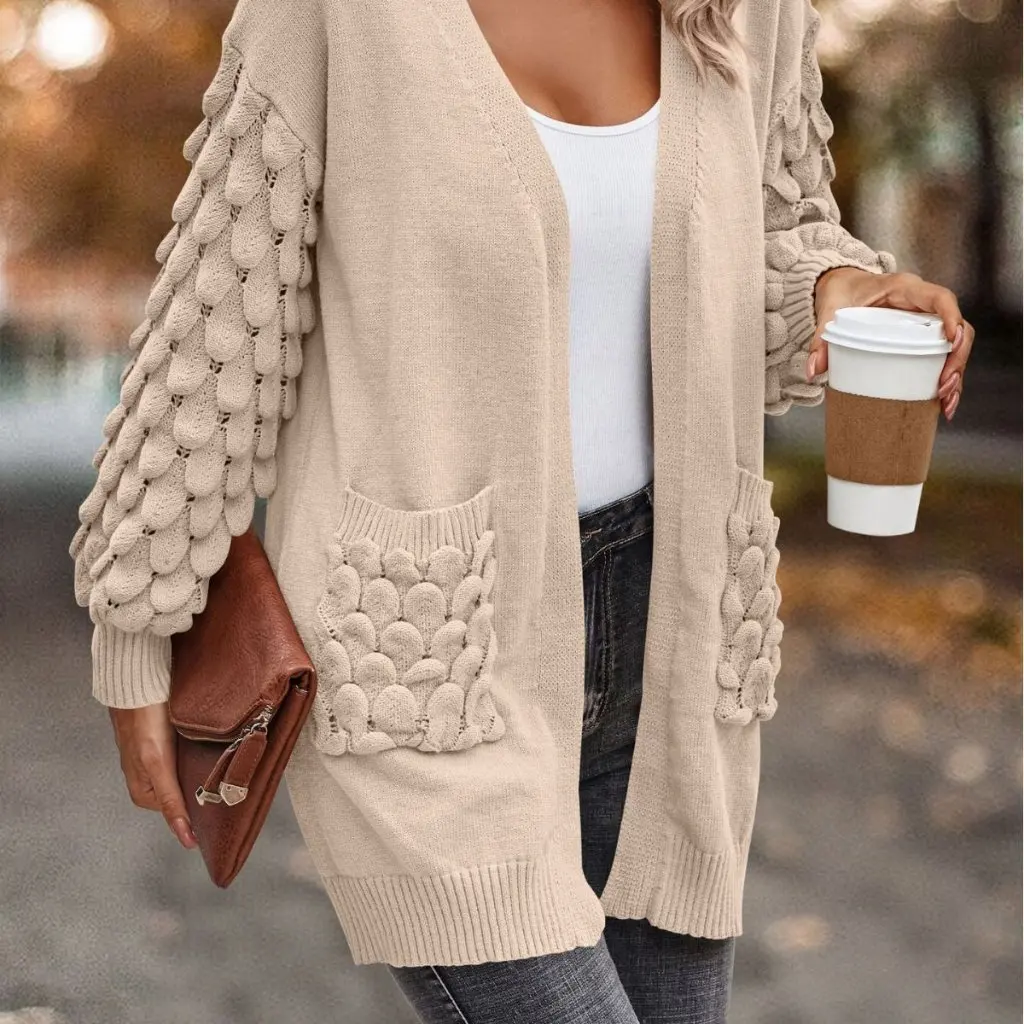 

Autumn Winter Women's Solid Color V-Neck Cardigan Long Sleeve Knitted Sweater with Pockets Fashionable Outerwear