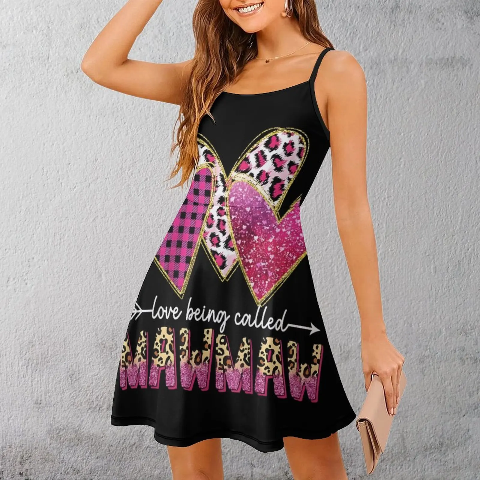 

Экзотическое женское платье на бретельках с розовыми сердечками и гепардом, женское платье на подтяжках, креативное платье с юмором и графикой