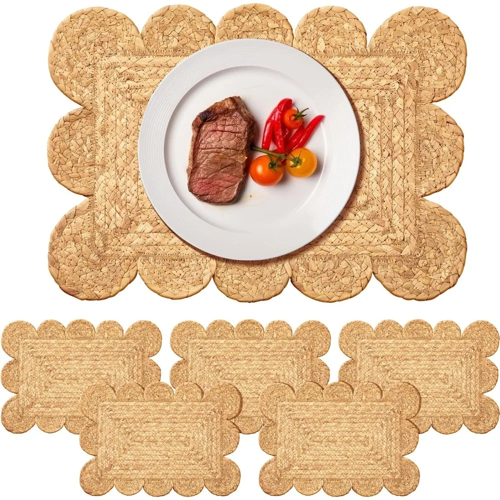 

Set of 6, 17 x 12 Woven Rattan Square Placemats with Scalloped Edges, Durable Bohemian Rustic Farmhouse Style Braided Straw Mats