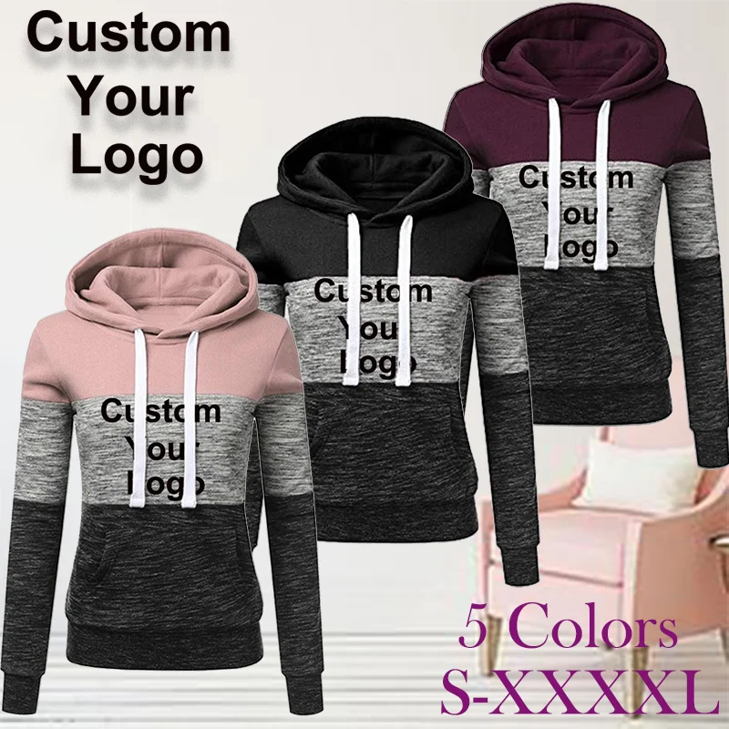 Womens Custom Your Logo tricolor Hoodies Casual Long Sleeve Pullover Top Women Hoodie Sweatshirt