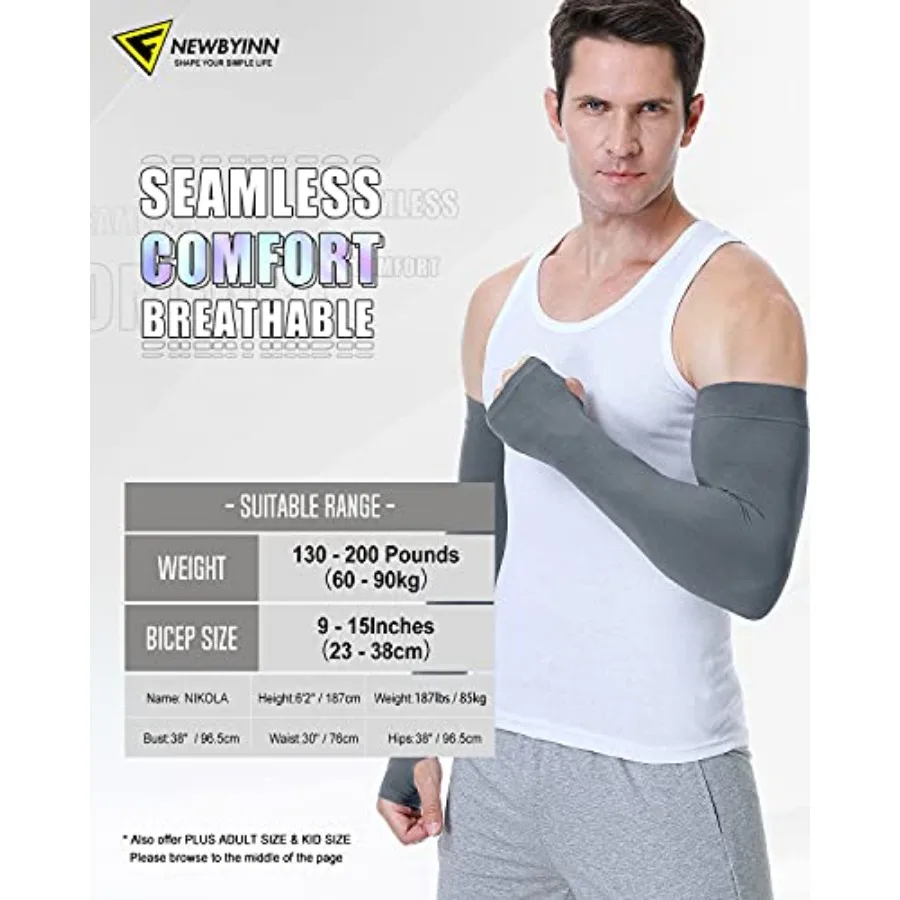 Newbyinn UV Sun Protection Arm Sleeves with Thumb Hole for Men Women Youth, Cooling Sleeve to Cover Tattoo, Mid-Compression - view 2