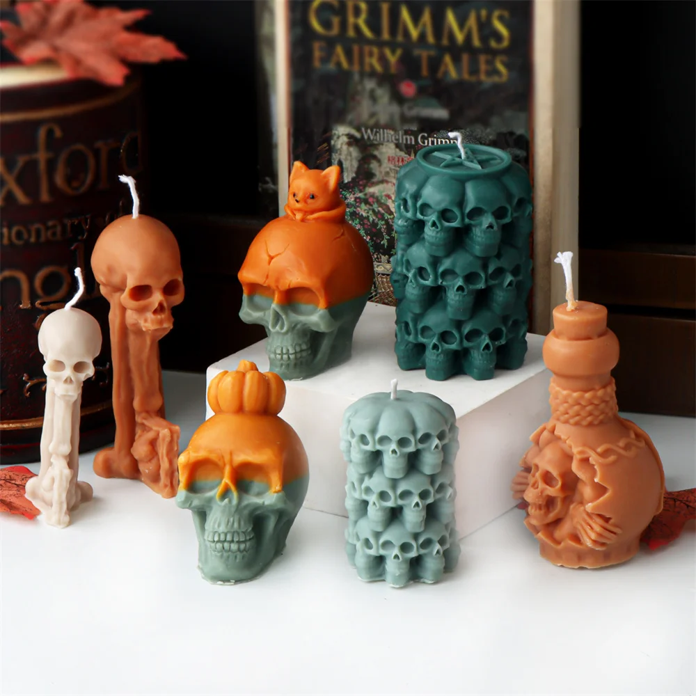 3D Horror Skull Pillar Silicone Candle Mold Halloween Skull With Pumpkin/Fox Aroma Statue Tool Party Gift Scary Vibe For Decor