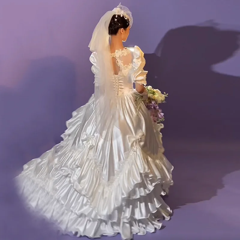 AnXin SH classic princess white satin flower lace handmade o neck big bow beading beads puff sleeve customized wedding dress