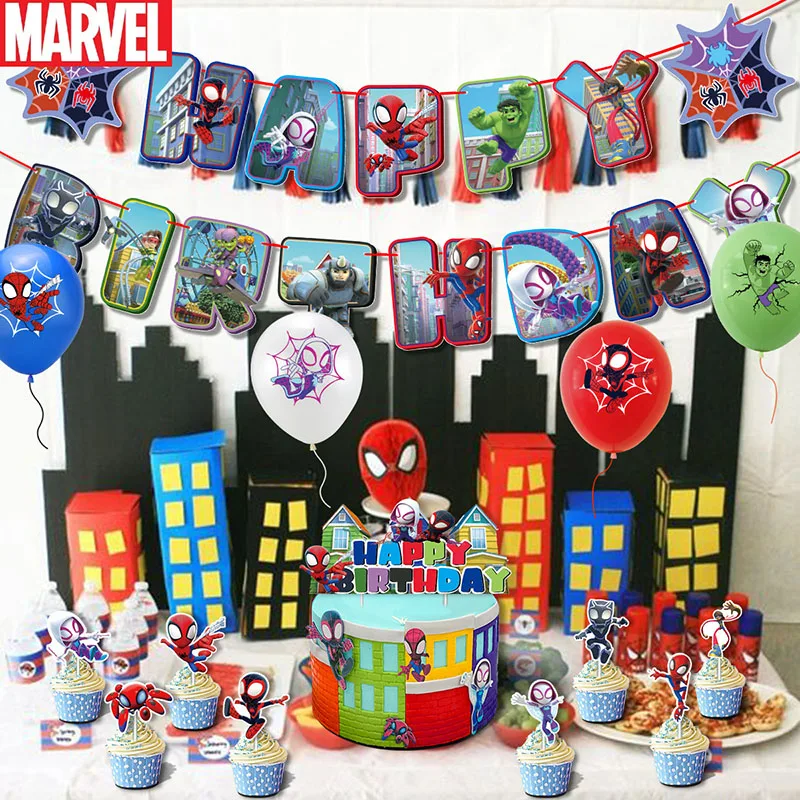 New Anime Spidey And His Amazing Friends Birthday Party Decoration Spiderman Flag Cake Insert Balloon Party Supplies Gifts