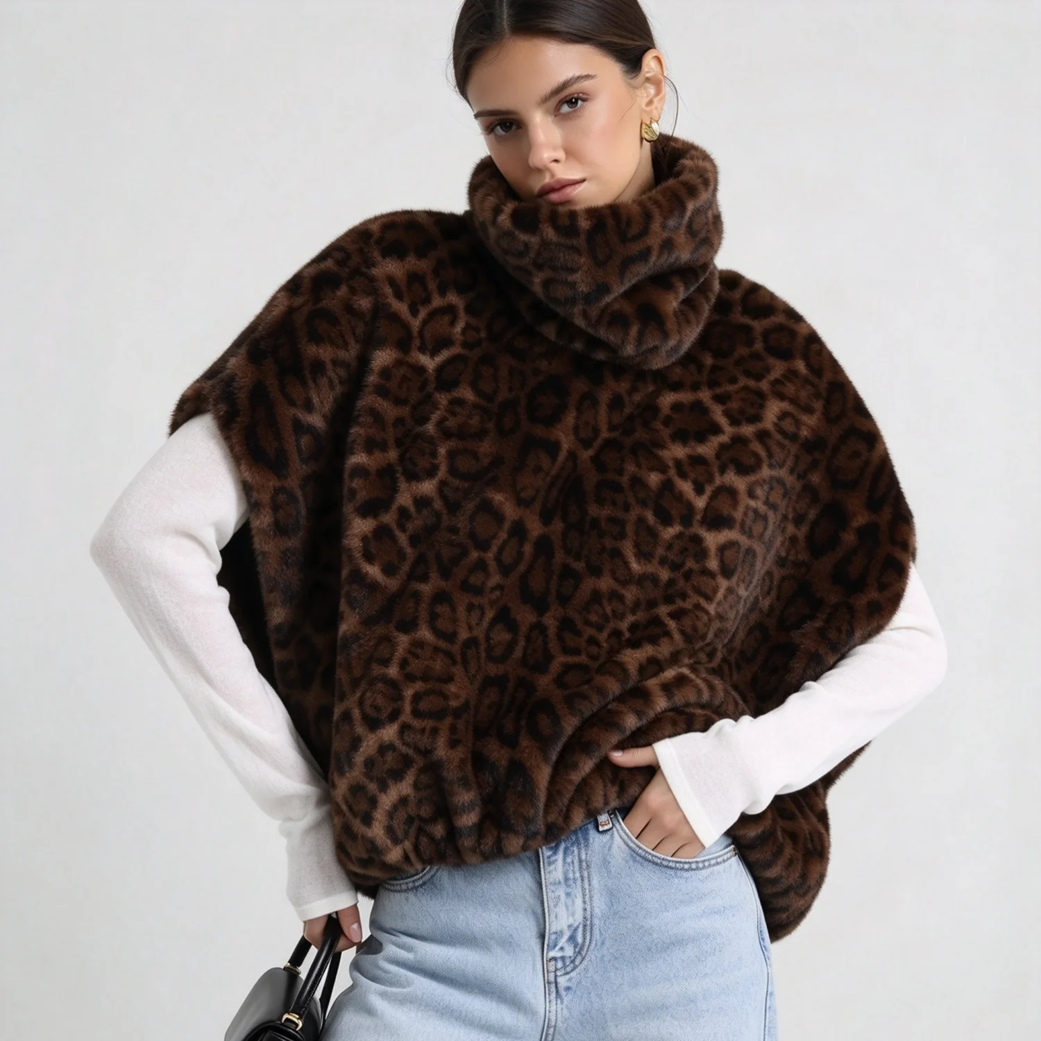 LIMO Women Leopard Print Faux Fur Poncho Turtleneck Sleeveless Winter Warm Cape Top