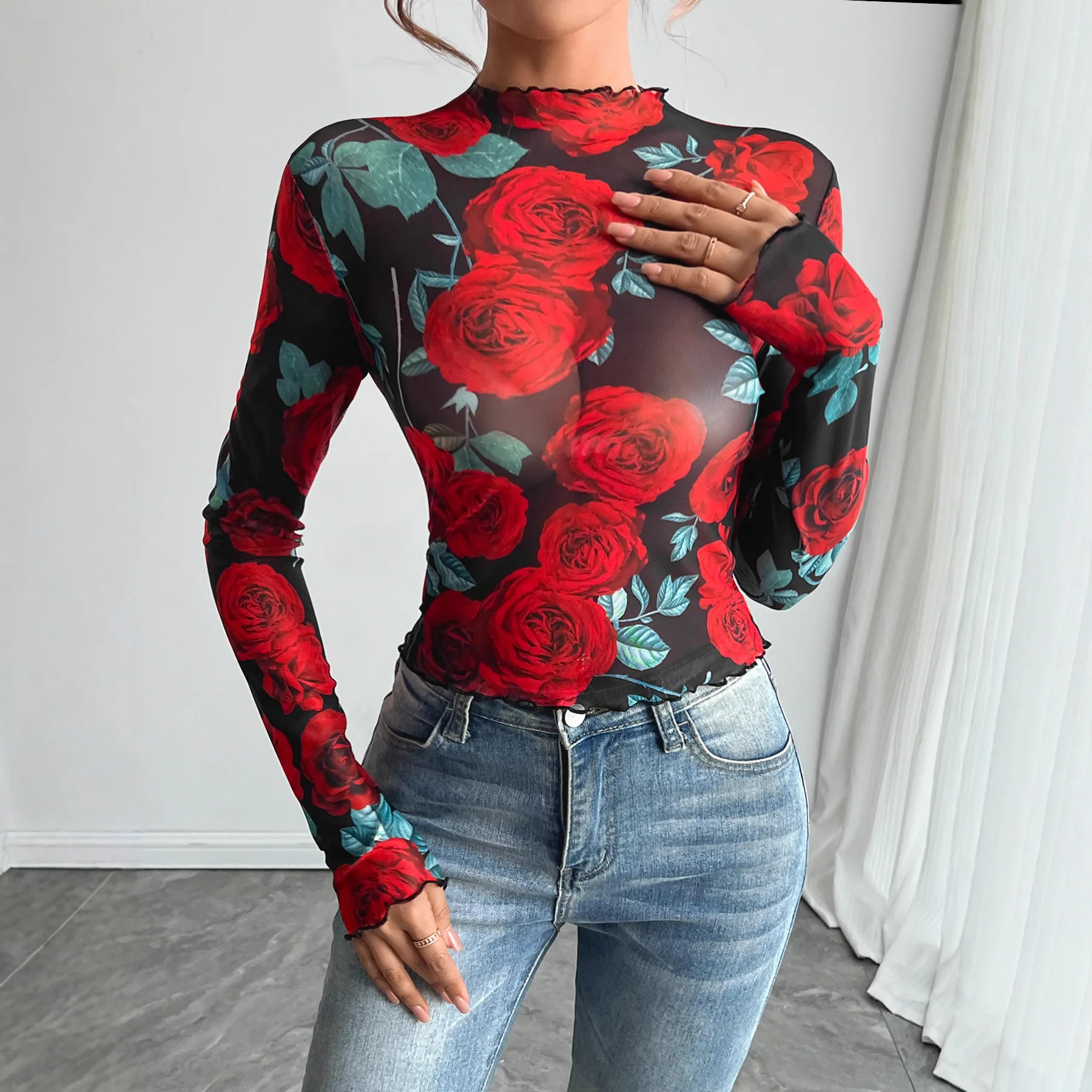 

Women's Floral Print Long Sve Stand Collar Base irt Autumn Winter New Sle Transparent Rose Flower Design Polyester Fiber