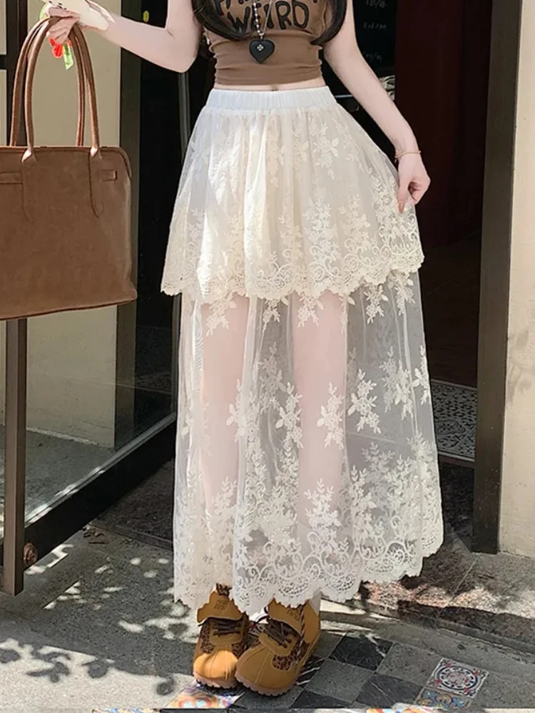 Gonne da donna in pizzo retrò Estate a vita alta Patchwork Gonne longuette casual Y2K Coreano elegante All Match Splicing A Line Gonne Mujer