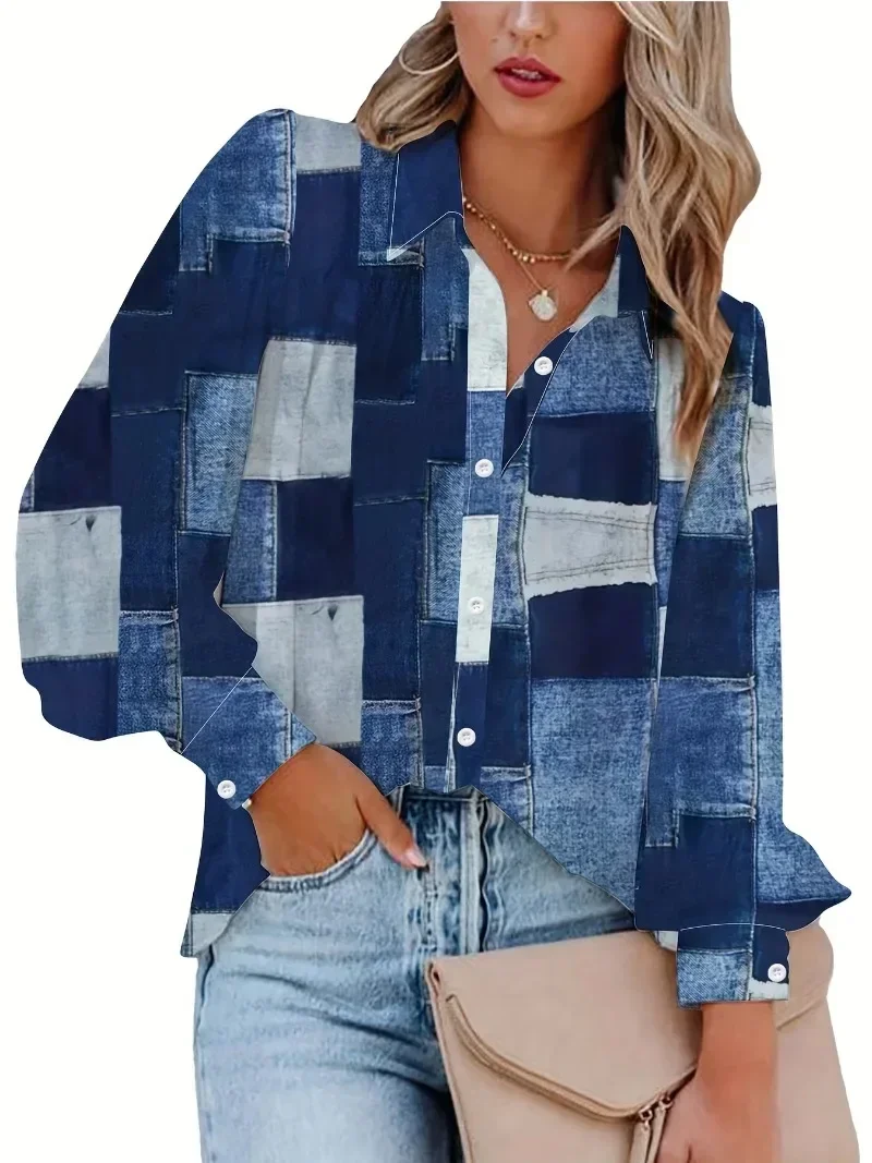 Spring/summer Women\'s Plus Size 1XL-5XL Plaid Color Button-up Shirt Lantern Sleeve Shirt Casual Lapel Shirt