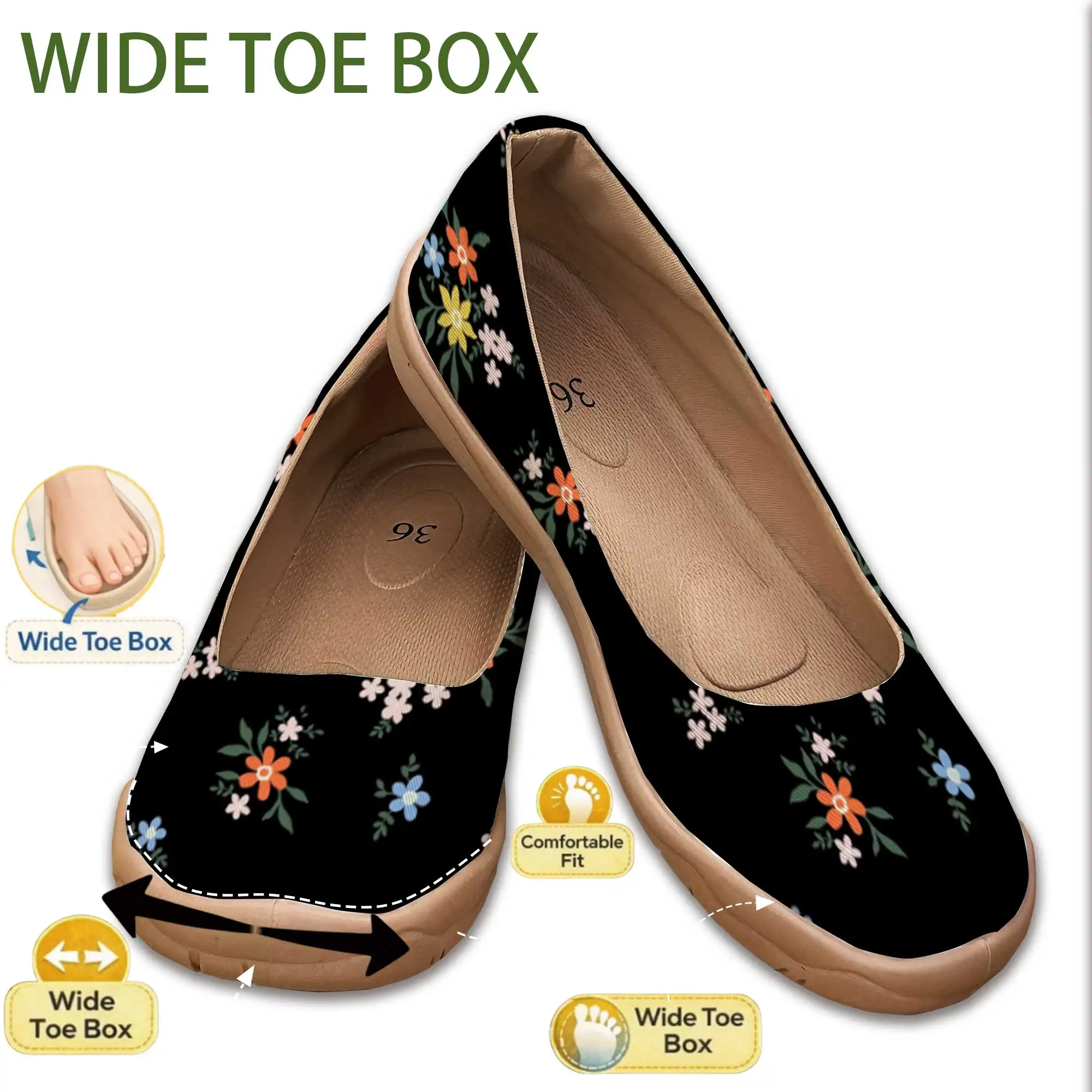

Forest Style Fashion Floral Wide-Fit Mom Shoes for Women, Slip-On Soft Sole Shallow Mouth Flats, Wide Toe Non-Tightening Lazy Shoes for Wide Feet