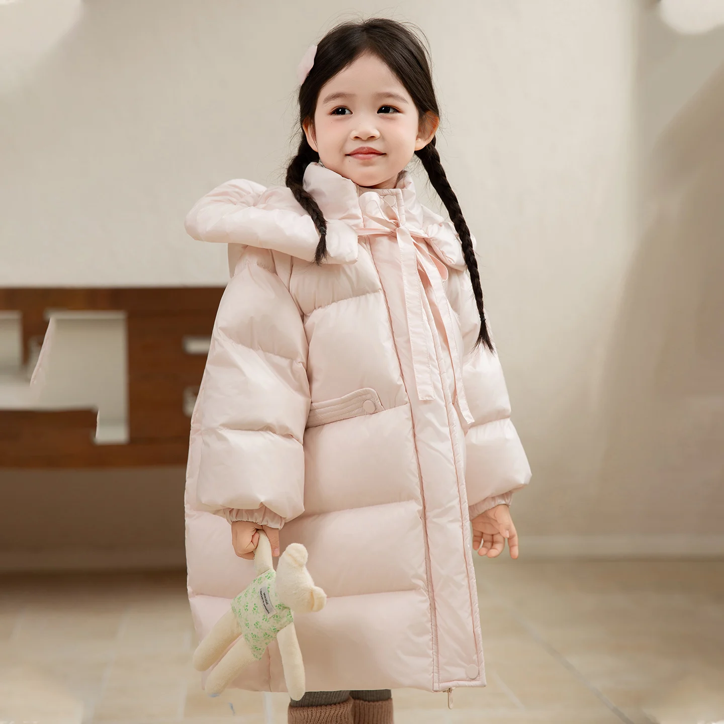 2-11Y الفتيات طويلة الوردي الأسود الأزرق أسفل سترة قطن الشتاء مقنعين الخصر Cinching الحلو بلون لطيف كليب على معطف دافئ القطن