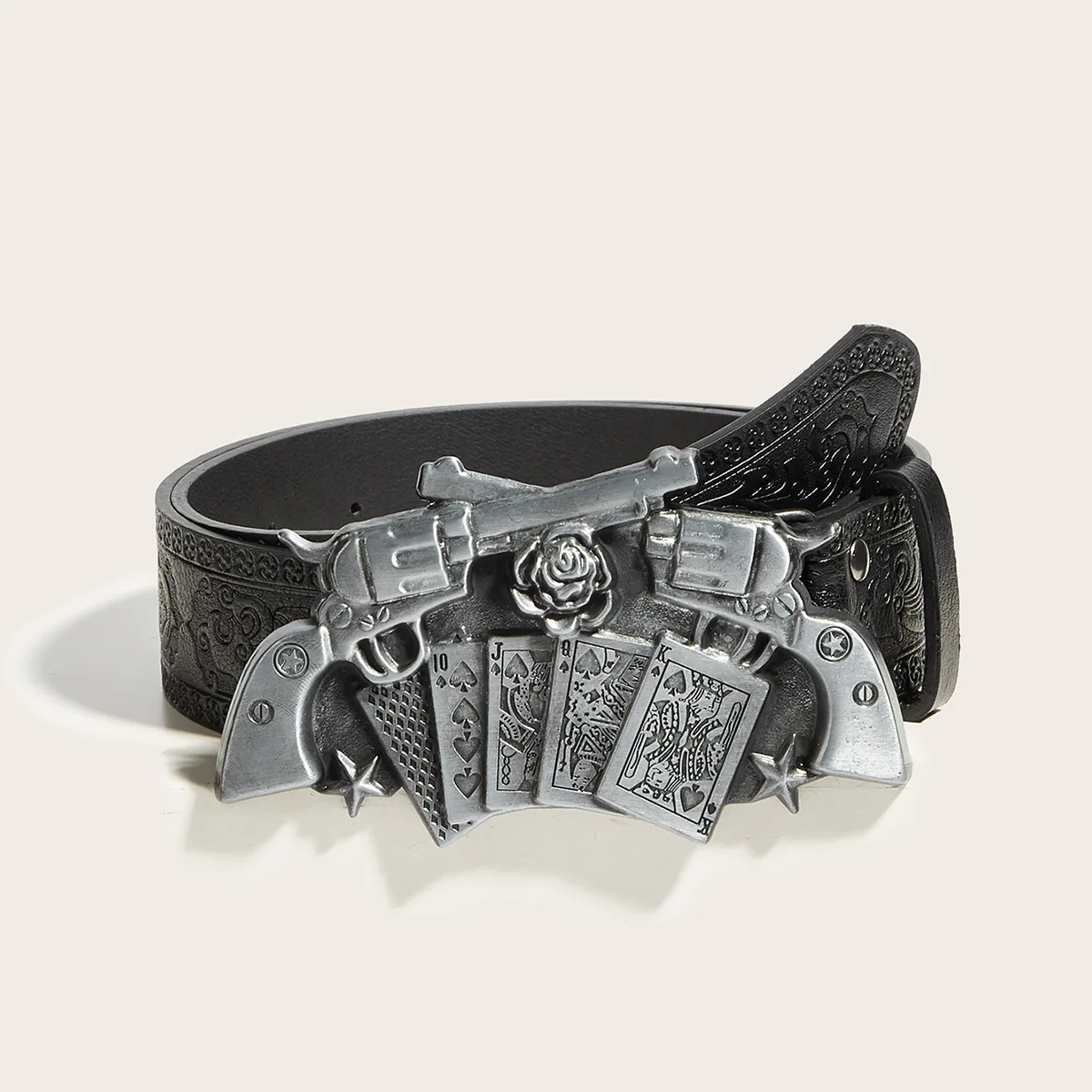 y2k metal belt Western cowboy style belt with double gun poker alloy buckle, trendy casual and personalized embossed jeans belt