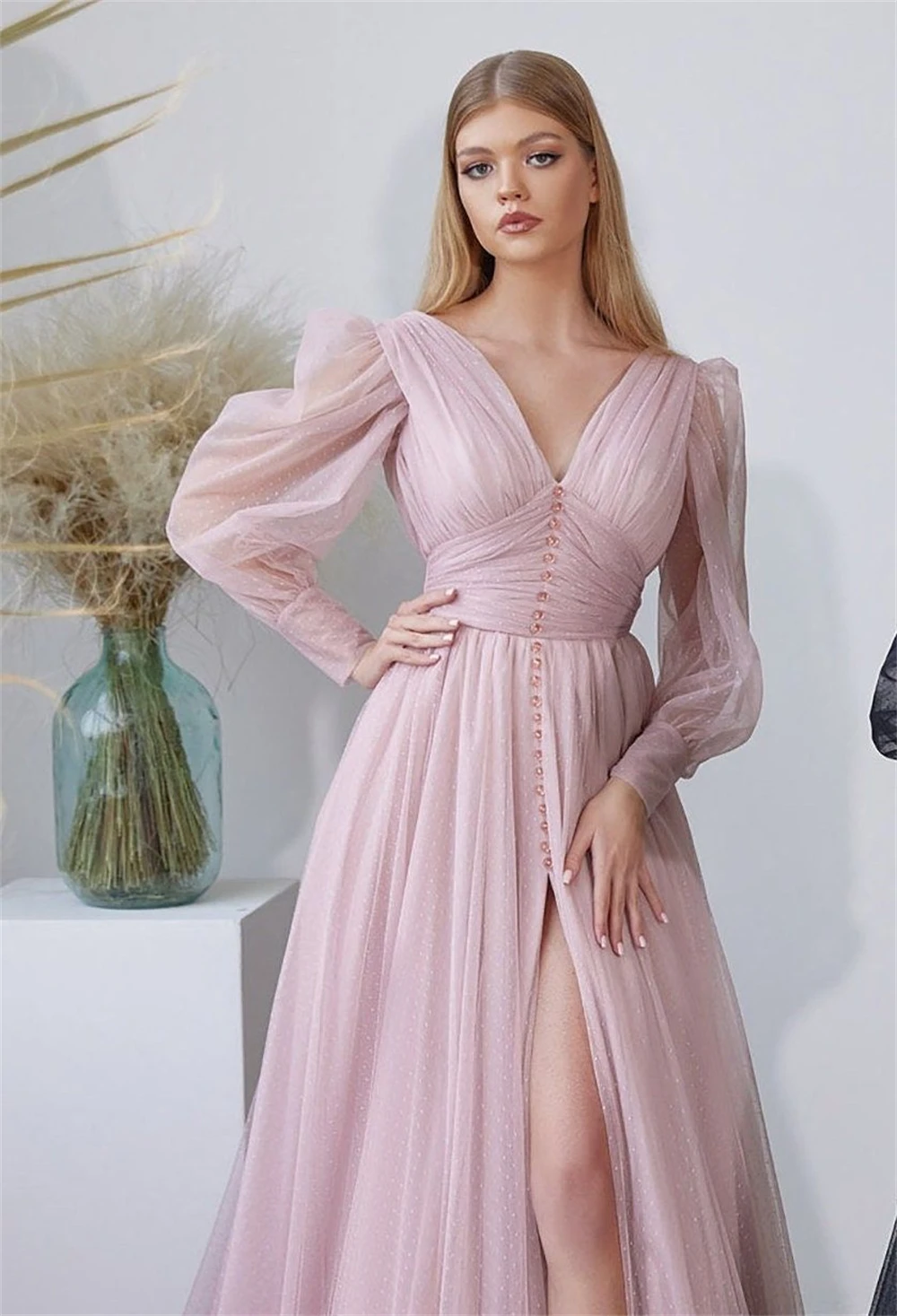 Tulle Off-the-Shoulder V-Neck Button Evening Dresses With Split Backless Long Sleeves Ball Gown A-line Pleated Corset Prom Dress