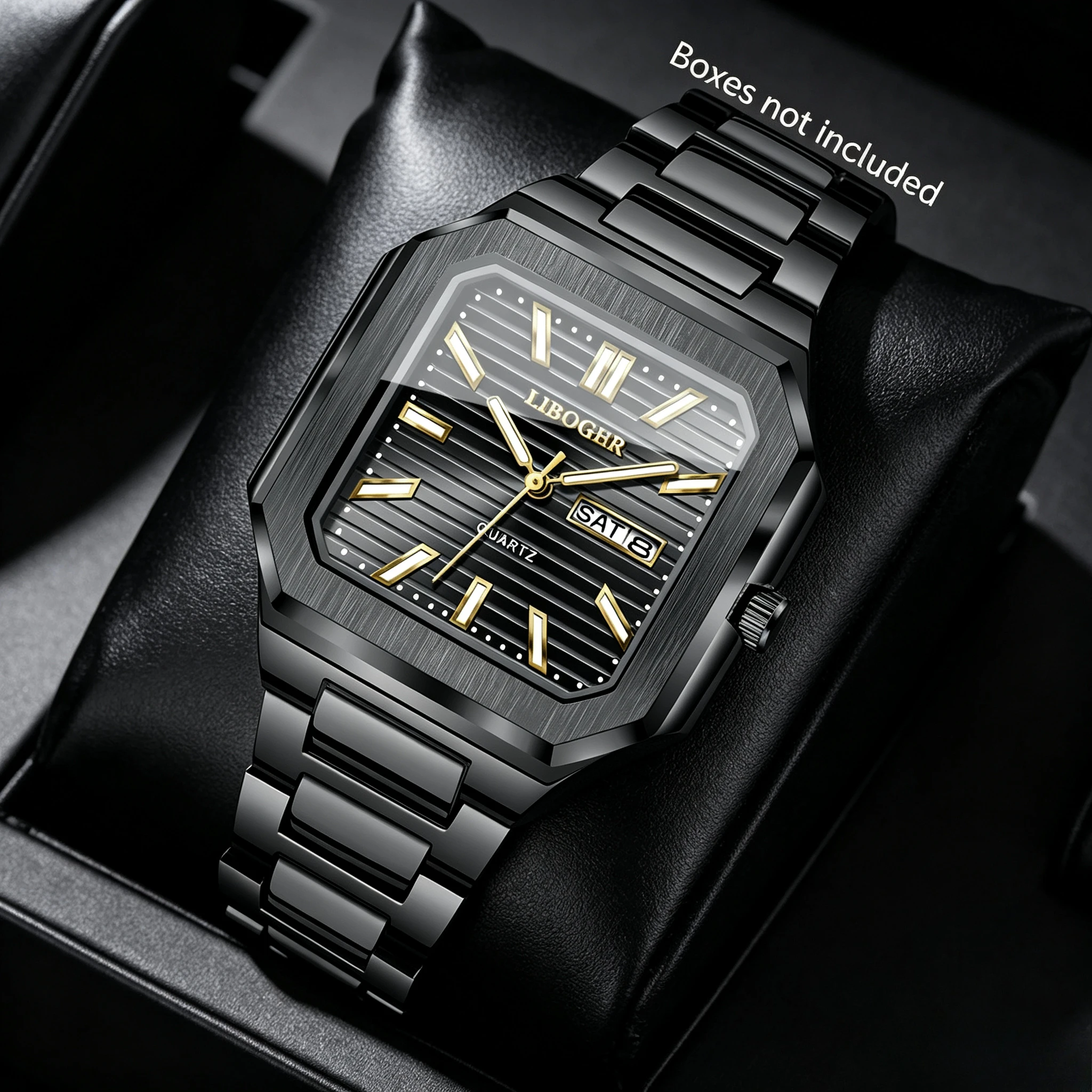 Luxury Men Business Watches Black Steel Strap Square Date Display Casual Quartz Wristwatch Relogio Masculino（Without Box）