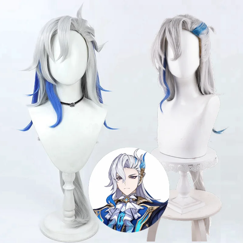 Perruque de cosplay de jeu Genshin Impact Neufausse, accessoire de cheveux bleus mélangés argentés, 100cm, 110cm, C08584