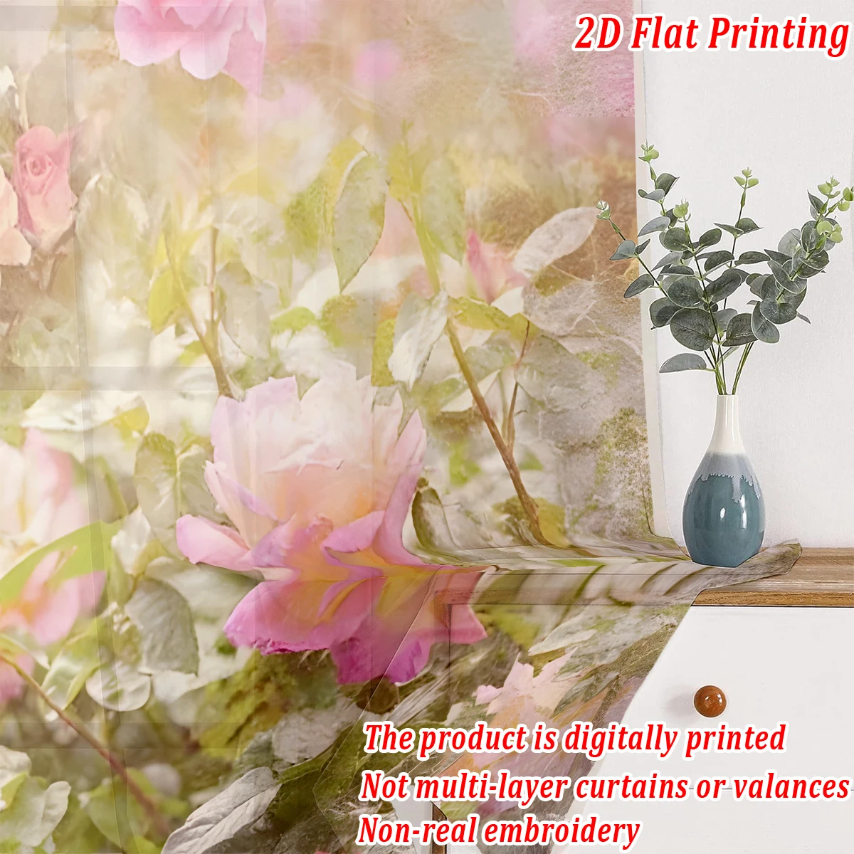 ستارة شفافة بطباعة مسطحة على شكل زهور ملونة، قماش خفيف، لغرفة المعيشة وغرفة النوم وديكور المنزل والنافذة