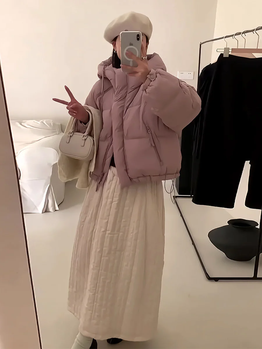 여성용 오트 화이트 다운 재킷 겨울 따뜻한 단색 모자 디자인 패셔너블 아우터웨어 출퇴근용 슬림 코트