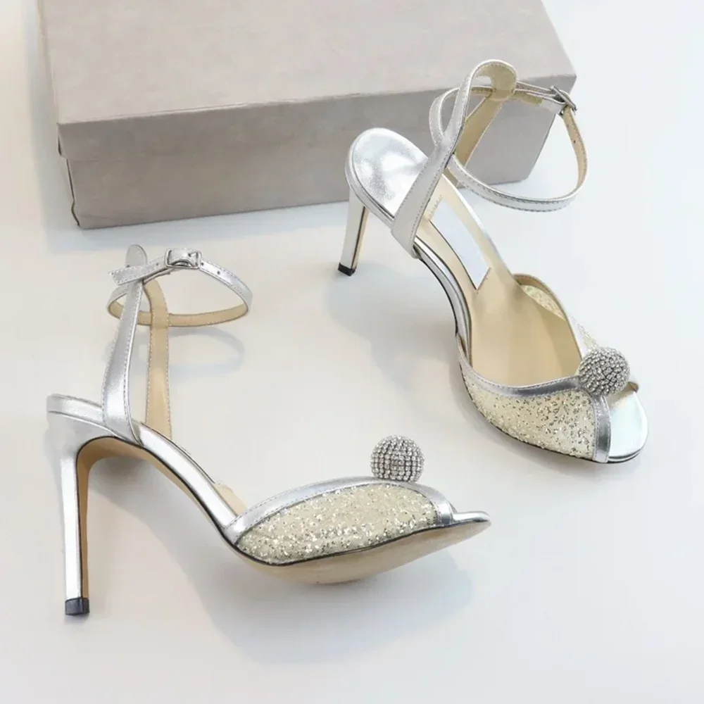 

Сандалии с открытым носком и жемчугом и кристаллами, пикантные модные женские современные туфли на тонком каблуке с острым носком и пряжкой на щиколотке