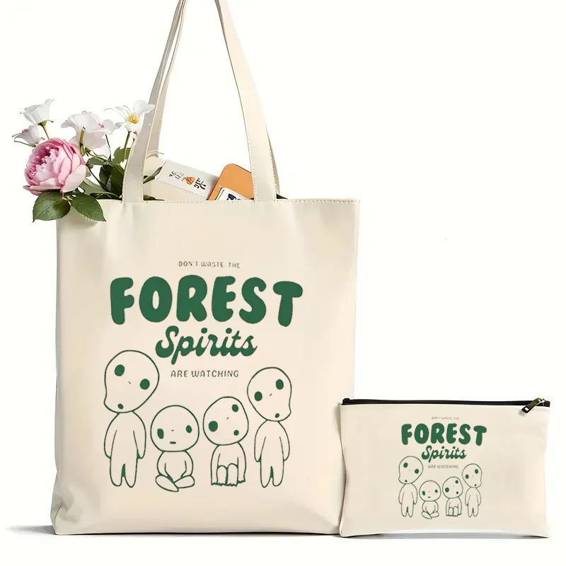 2 szt. Kodama Forest Pattern Spirit Tote Bag, Kawaii Torba na prezent urodzinowy, Vintage Anime Canvas Torba na ramię