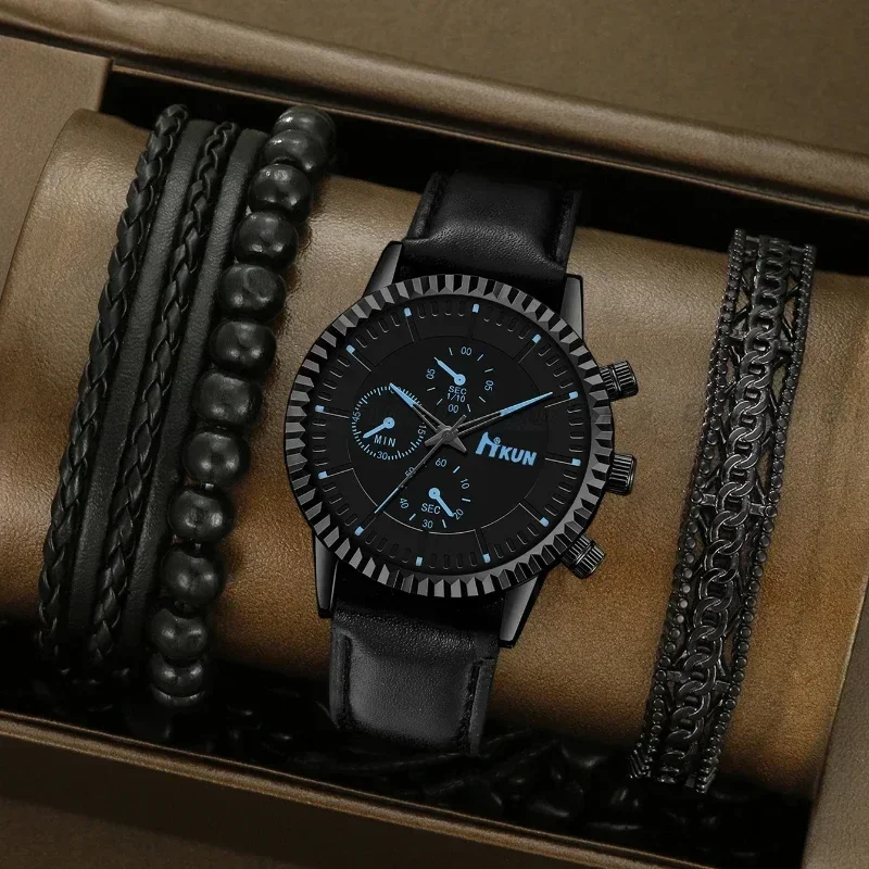 남성용 비즈니스 스포츠 시계 쿼츠 손목시계, 럭셔리 블랙 가죽 스트랩 팔찌, 남성용 선물 세트, 신제품