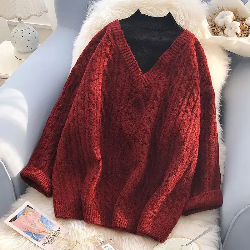 Half High Collar Fake Two Piece Loose Sweater 20223 Autumn/Winter New Simple Small Fresh Versatile Retro Splice Knit