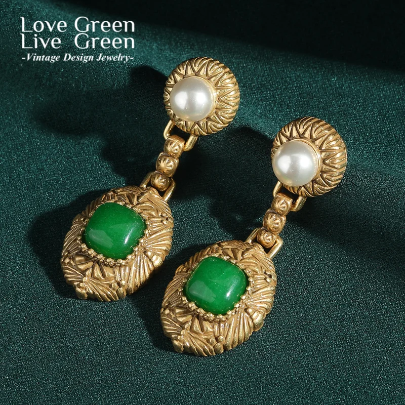 

Vintage Natural Stone Green Earring Pearl Gold Color Water Drop Luxury Jewelry Designer Charms Palace Trendy 2025 Unique Party
