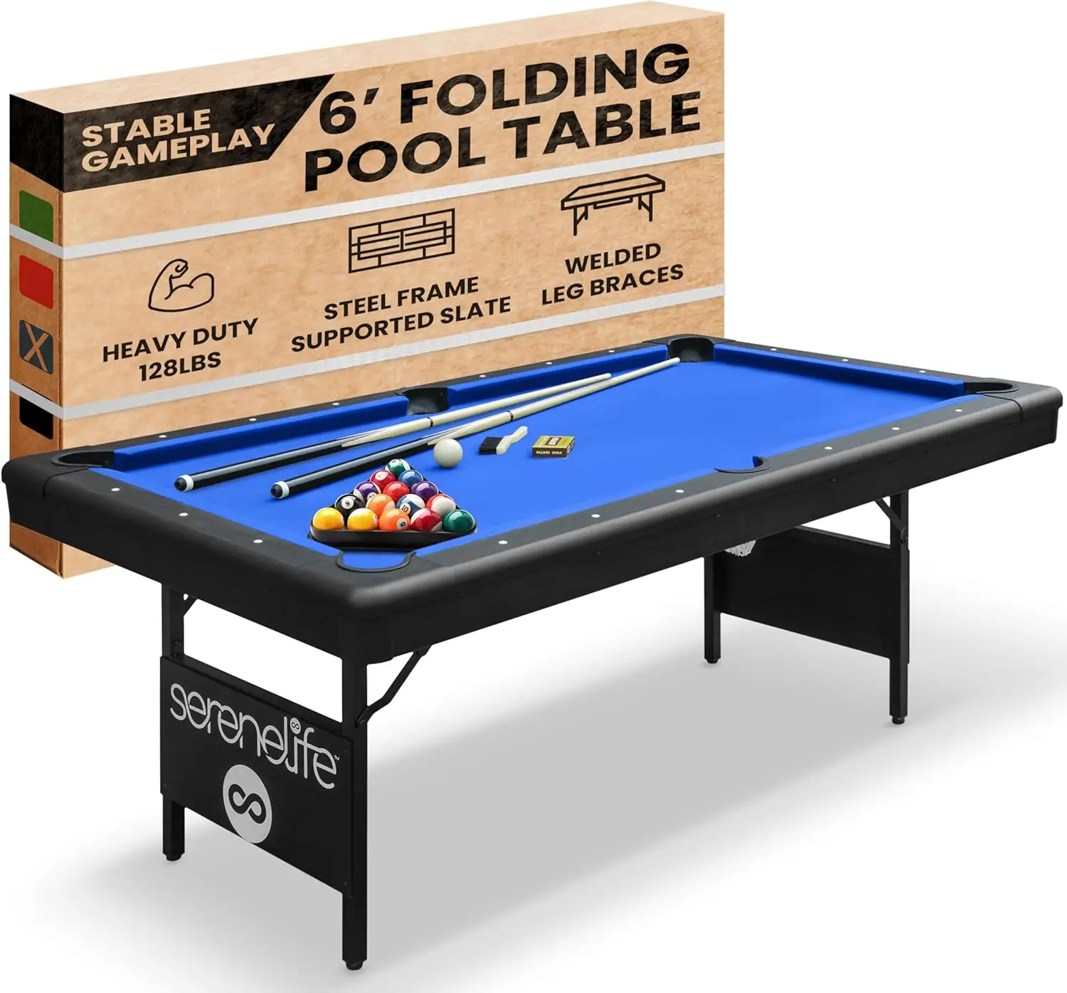 6-Ft Folding Pool Table - Welded Leg Supports W/ Safety Anti Collapse Locks, 128LB Heavy Duty Billiard Game & Accessory Set