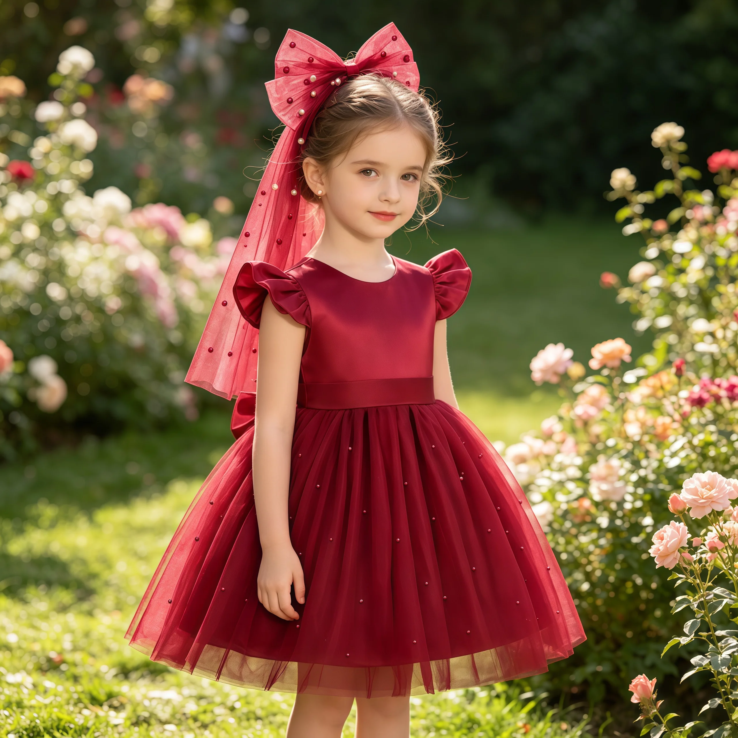 

Young Girls Elegant V Back Ruffle Sleeve Mesh Princess Dress For Kids Performance Birthday Party Wedding Graduation Evening Gown