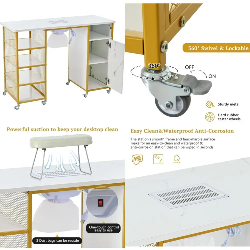 Mesa de manicura Escritorio para uñas para tecnología de uñas, mesa para uñas con textura veteada con ventilación eléctrica, cojín para muñeca, ruedas bloqueables