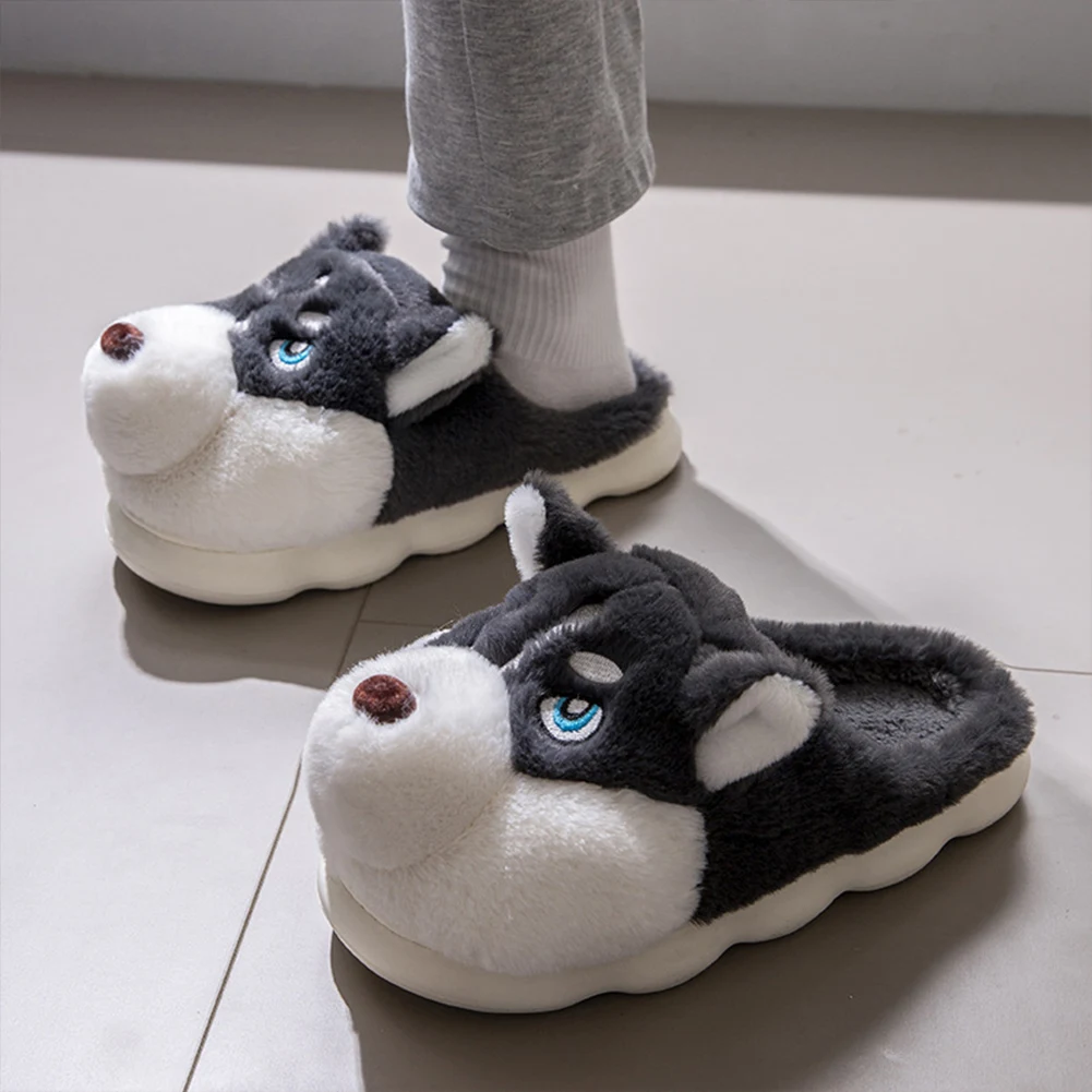 Pluche Husky-pantoffels Pluche pantoffels met gesloten teen Antislip platte thermische pantoffels Comfortabele instappers voor de herfst en winter