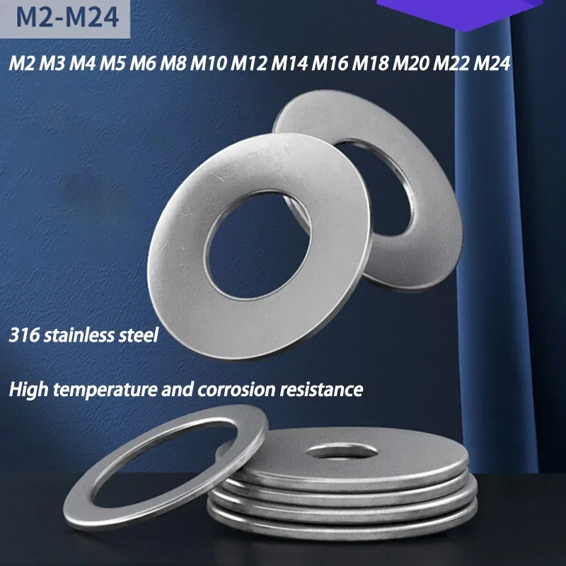 2-50pcs/lot 316 Stainless Steel Flat Washer M2 M3 M4 M5 M6 M8 M10 M12 M14 M16 M18 M20 M22 M24 Thickening/Enlarging Metal Gasket