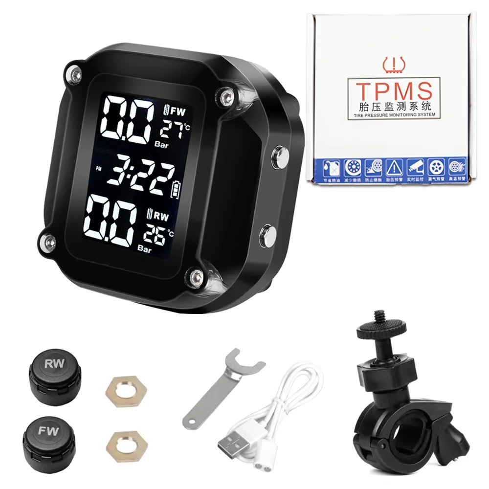 Motorcycle TPMS Motor Tire Pressure Tyre Temperature Monitoring Alarm System With 2 External Sensors Magnetic Quick Charging