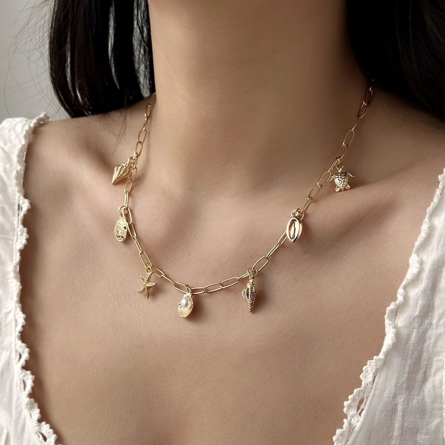 Modische Goldfarbene Anhängerkette mit Seestern, Muschel und Schildkröte für Damen, Handgefertigte Muschelketten-Halskette, Sommer-Strandparty-Schmuck – Detail 14