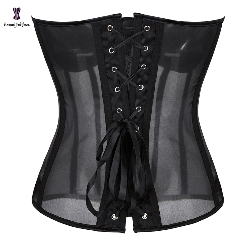 Black Translucent Bustier Curvy Waist Body Shapers Plus Size S-XXXL Slimming Corselet  Mesh Overbust Corset With Bra Padded