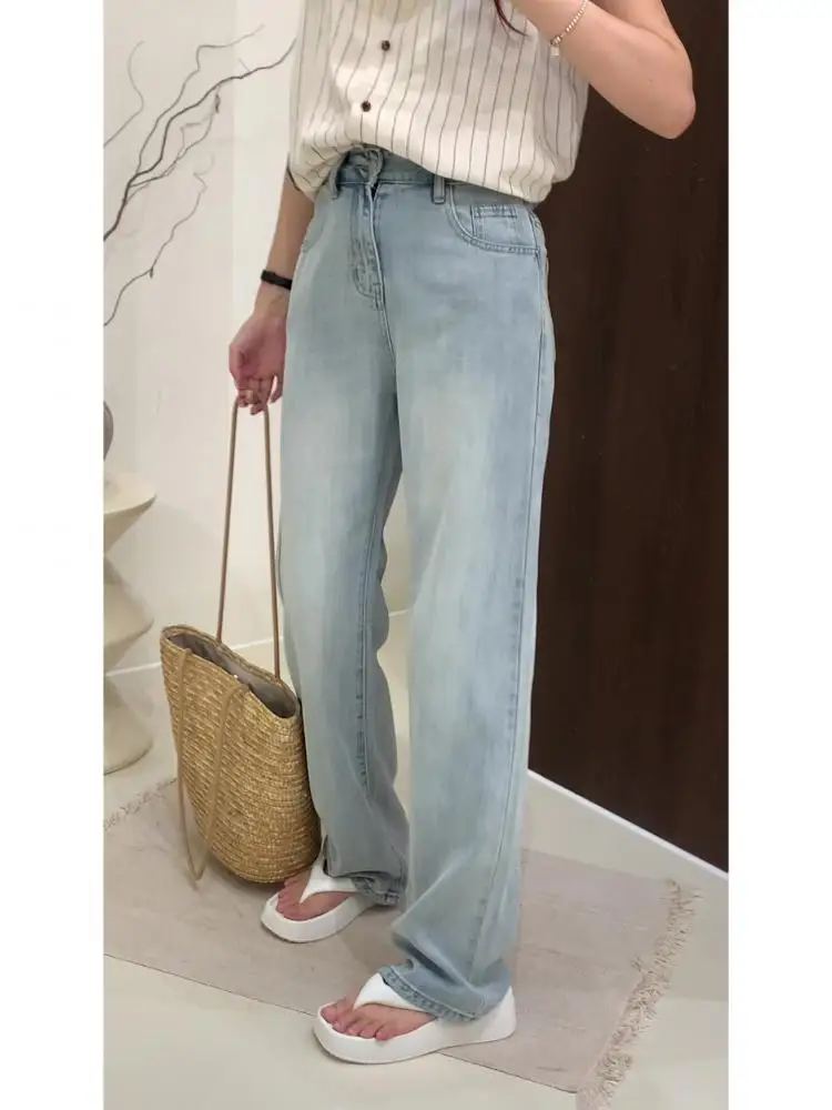 FINEWORDS 2024 New Baggy Wide Leg Jeans Women Vintage Classic Blue High Waist Full Length Denim Pants Streetwear Korean Jeans