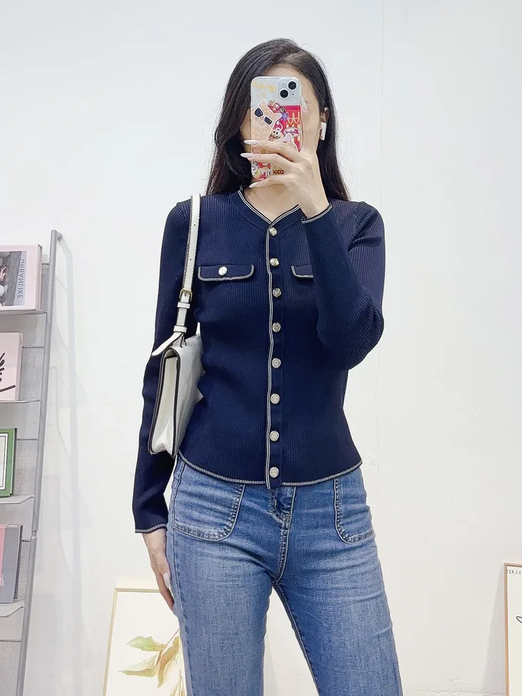 CHUJIE 2025 خريف جديد كتلة الألوان تقليم سليم صالح أنيقة موضة تنوعا الجولة الرقبة قصيرة سترة مشغولة من الصوف