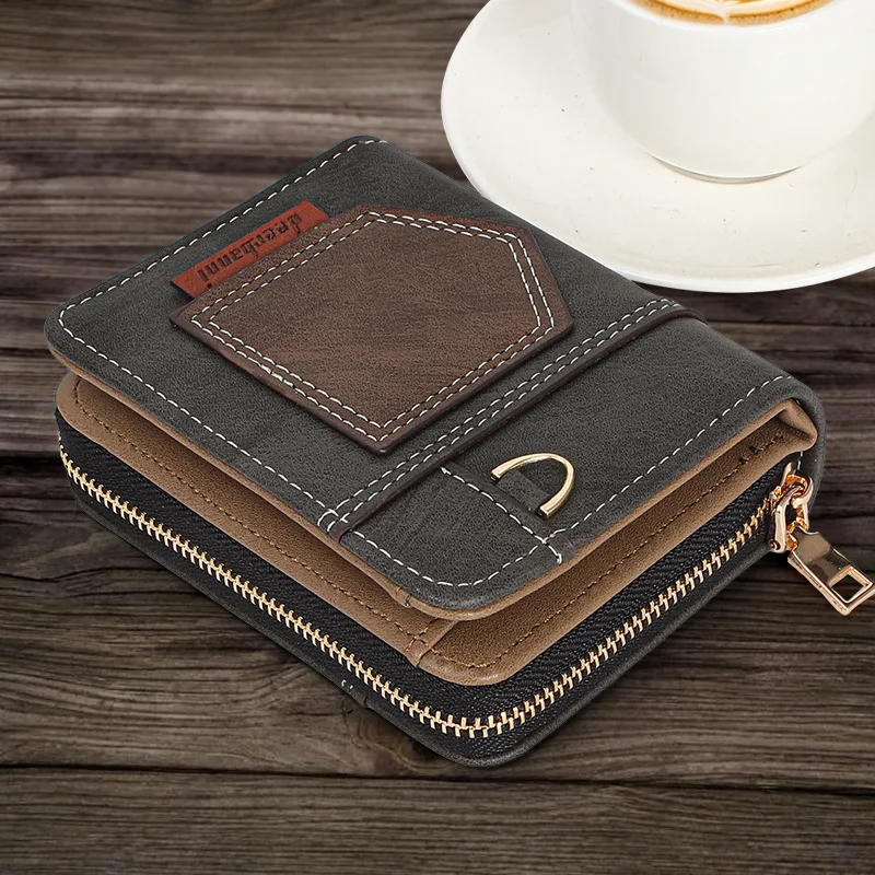 Vintage Color Block Men's Short Wallet, Multi-functional Zipper Card Holder Coin Purse