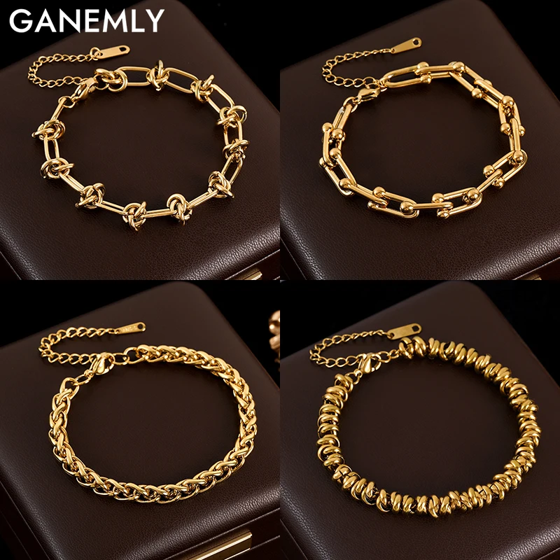 GANEMLY 316L 스테인레스 스틸 트위스트 팔찌 팔찌, 트렌디 패션, 18K 골드 도금 손목 체인, 쥬얼리 선물, 파티 