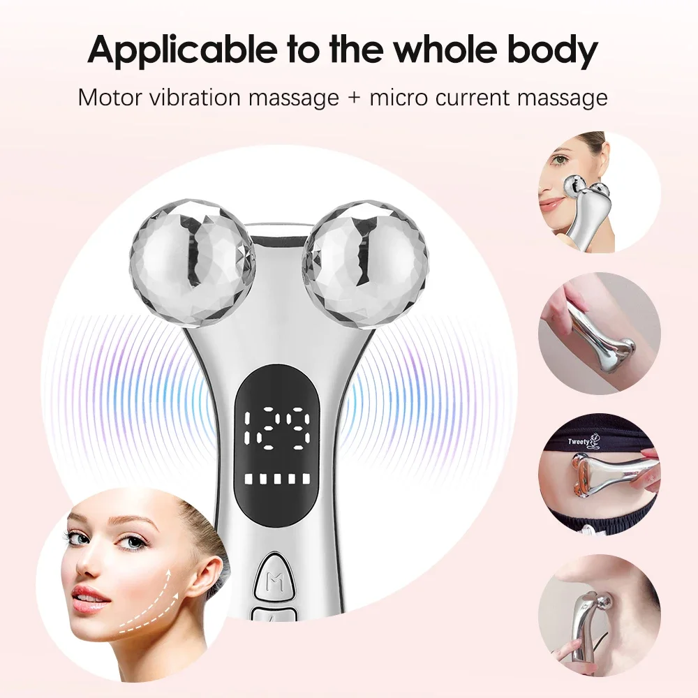 Microcurrent Face Roller Massager EMS Vibration Eye Massage V Face Double Chin Remover 360 Rotate Roller Facial Lifting Beauty