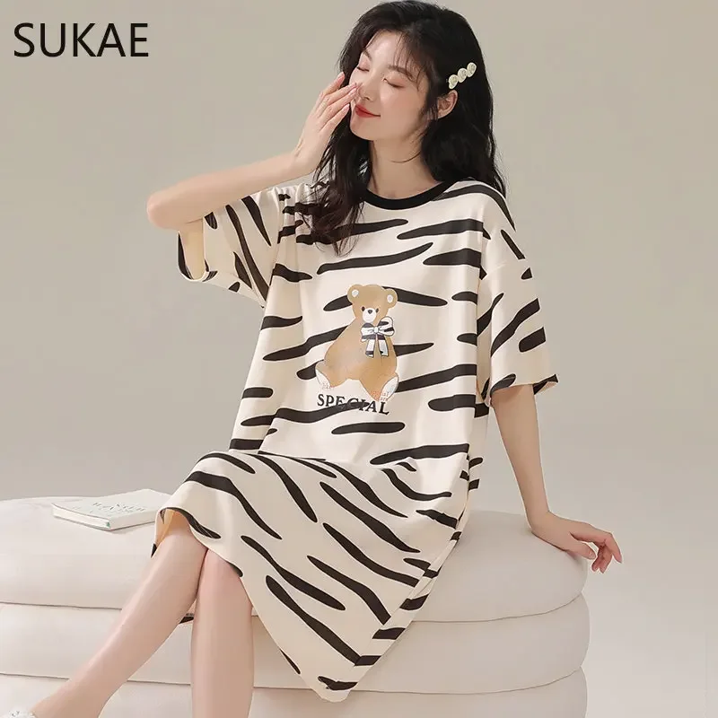 

SUKAE Lady Casual Sleepshirt Pullover Loose Nightgowns Summer Polyester Nightdress for Woman O-Neck Girls Cartoon Skirt Lingerie