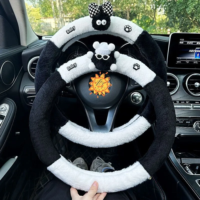 New Winter Plush Car Steering Wheel Cover Cute Cartoon Panda Small Briquettes Warm Comfortable Car Accessories Interior Woman