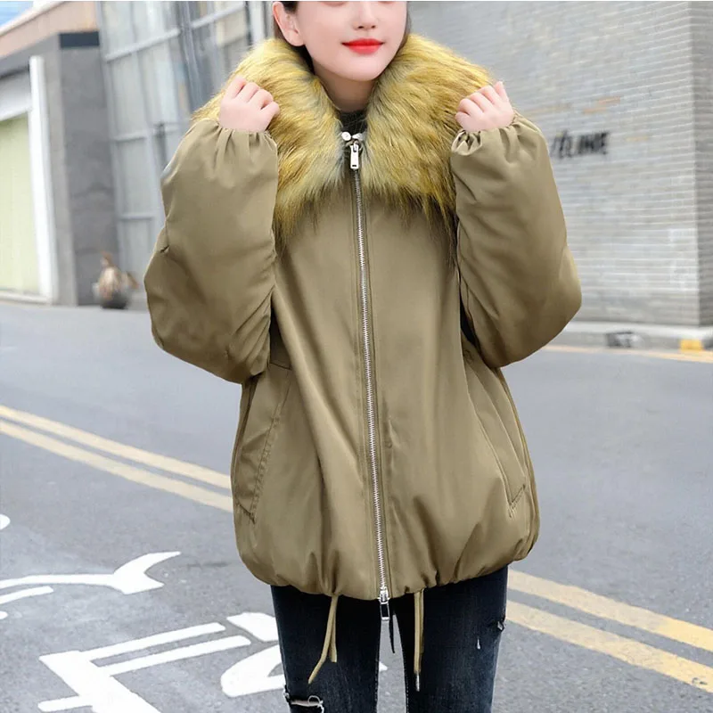 

Зимняя новая женская одежда 2025: модная универсальная однотонная куртка-бомбер в европейском и американском стиле с воротником