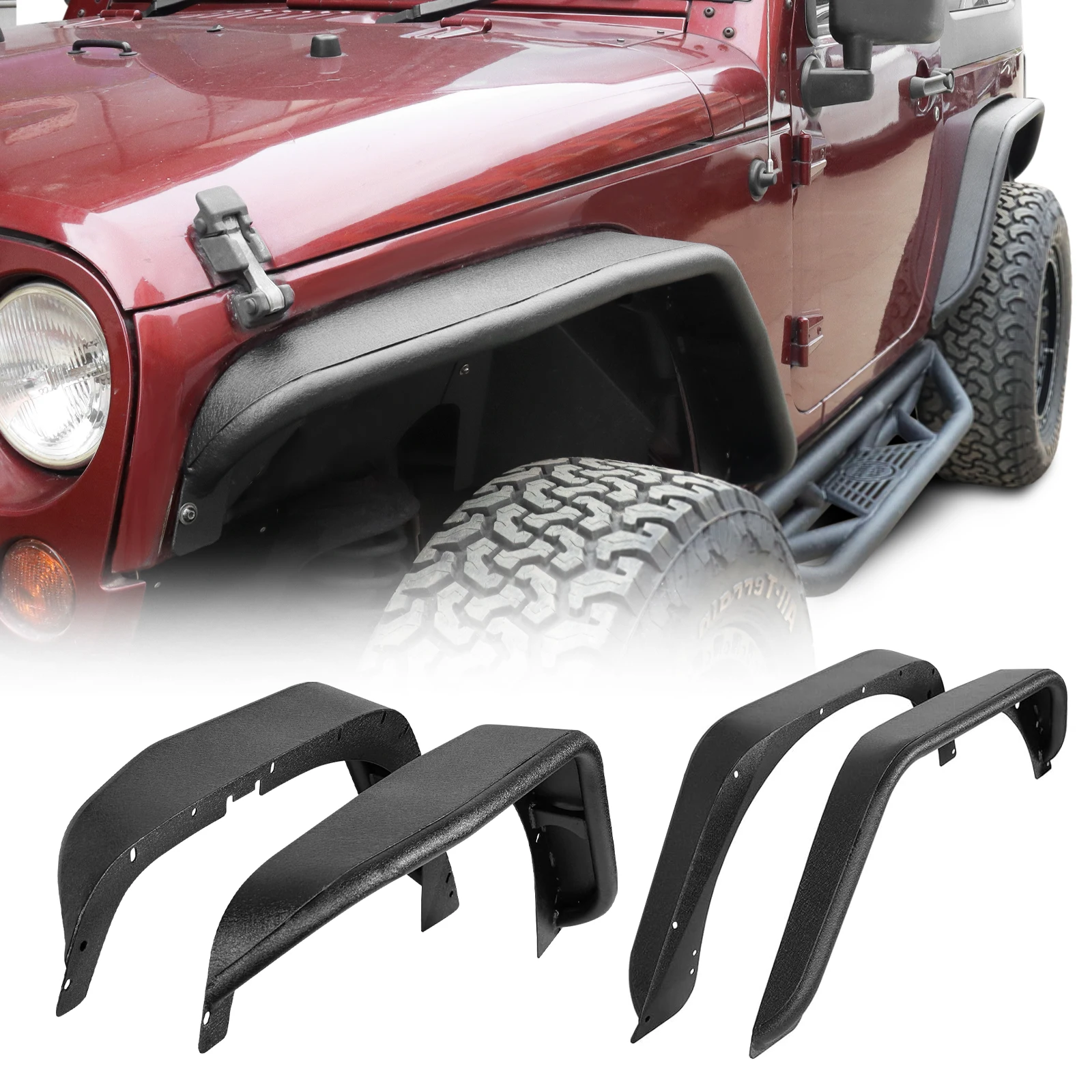 Flat Tubular Front Rear Fender Flares Textured For Jeep Wrangler JK 2007-2018