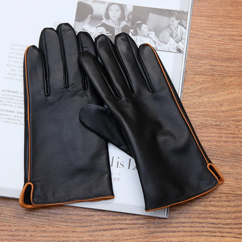 Real Leather Men Gloves Autumn Winter Plus Velvet Thicken Fashion Black Sheepskin Driving Gloves Male DQ1916