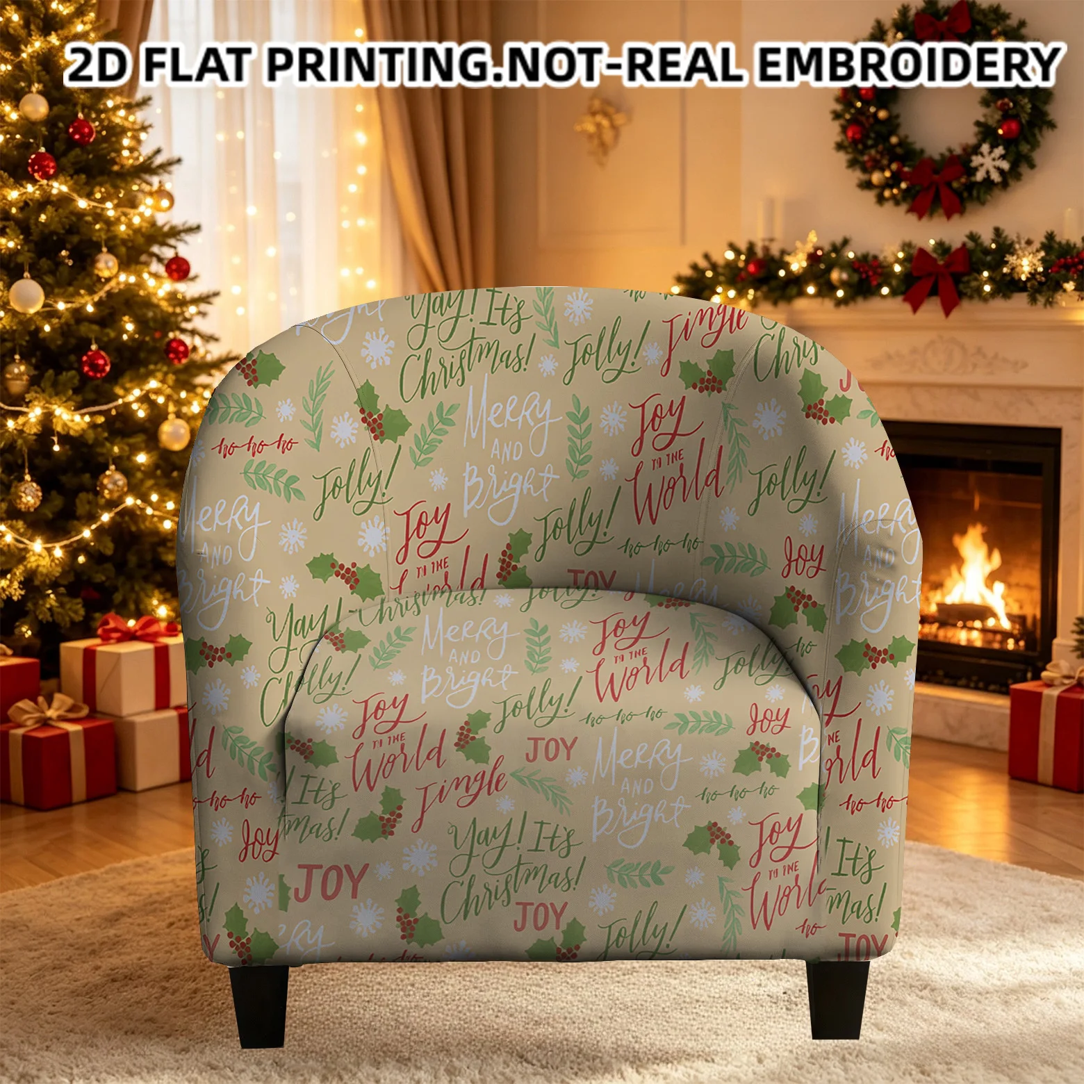 Christmas seamless holiday handwritten text greetings joy printed armrest sofa cover, 2D printed elastic single club sofa cover